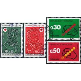 france 1972, beaux timbres yvert 1719 et 1720 le code postal, et 1735 1736 paire croix rouge, n. desgenettes et f. broussais, oblitérés, TBE