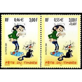 france 2001, très belle paire attachée neuve** luxe yvert 3371A, timbres 3370 et 3371, Fête du timbre, Gaston Lagaffe avec et sans surtaxe croix rouge.
