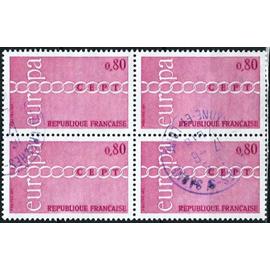france 1971, beau bloc 4 timbres yvert 1677, europa CEPT, 0.80f rose, oblitéré, TBE
