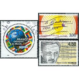 france 1998, beaux timbres yvert 3139 coupe du monde de football, 3163 henri collet, compositeur et 3210 100 ans de la découverte du radium par pierre et marie curie, oblitérés, TBE.
