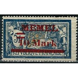 lituanie, enclave de memel sous adm. française 1920 / 21, beau timbre neuf**/* yvert 36, type merson 5f. bleu foncé et chamois, surchargé "memel 10 mark".