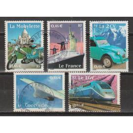 france, 2002, le siècle au fil du timbre (transports), n°3471 à 3475, oblitérés.