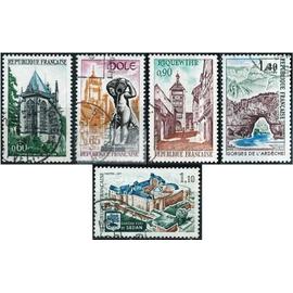 france 1971, belle série touristique complète, timbres yvert 1683 riom, 1684 dôle, 1685 riqhewihr, 1686 sedan, 1687 gorges de l