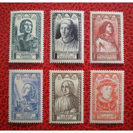 Célébrités du XVème siècle - Série complète de 6 timbres neufs ** - France - Année 1946 - Y&T n°765, 766, 767, 768, 769 et 770