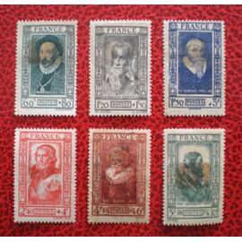 Célébrités du XVIème siècle - Série complète de 6 timbres neufs sur charnière adhésive - France - Année 1943 - Y&T n°587, 588, 589, 590, 591 et 592