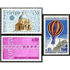 france 1971, très beaux timbres neufs** luxe europa yvert 1676 et 1677, et timbre de poste aérienne yvert 45, centenaire du transport du courrier par ballons montés (commune de paris).