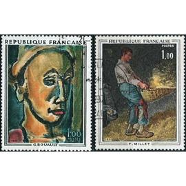 france 1971, belle série artistiques, timbres yvert 1672 "le vanneur" par millet et 1673 "songe creux" par rouault, oblitérés, TBE