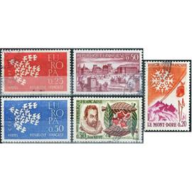 france 1961, beaux timbres yvert 1286 jean nicot, découvreur du tabac, 1294 100 ans de deauville, 1306 téléphérique du puy de sancy et 1309 1310 europa, la colombe, oblitérés, TBE.