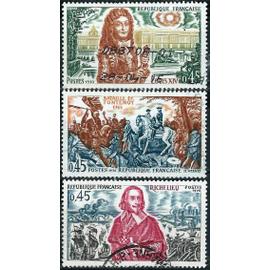 france 1970, belle série complète timbres yvert 1655 1656 1657, histoire de france, richelieu, louis XIV et bataille de fontenoy, oblitérés, TBE.