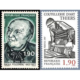 france 1987, trs beaux timbres neufs** luxe yvert 2453 raoul follereau, "pere des lepreux" et 2467, coutellerie d