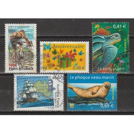 france, 2002, m. flinders, timbre pour anniversaires, paris-roubaix, tortue, phoque, n°3476 + 3480 + 3481 + 3485 + 3488, oblitérés.