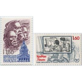 france 1981, très beaux timbres neufs** luxe yvert 2172, accueil au panthéon de jean moulin, jean jaurès et victor schoelcher, et 2173 intégration professionnelle des handicapés.