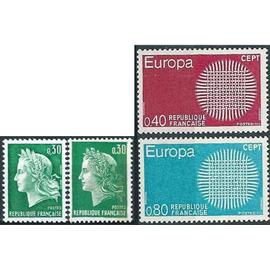 france 1969 / 1970, très beaux timbres neufs** luxe yvert 1536A et 1611B, marianne de cheffer 0.30f vert et 1637 1638 paire europa (1970).