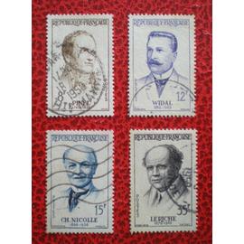 Grands médecins - Lot de 4 timbres oblitérés - Série complète - Année 1958 - Y&T n° 1142, 1143, 1144 et 1145
