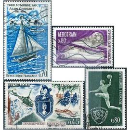 france 1970, beaux timbres yvert 1621 tour du monde par alain gerbault, 1622 gendarmerie nationale, 1629 championnat du monde de handball, 1631 l