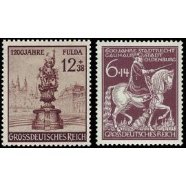 allemagne, 3ème reich 1944, beaux timbres yvert 790 1200 ans de la ville de fulda, et 814, 600 ans de l