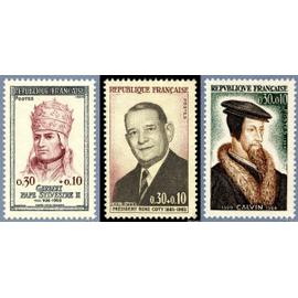 france 1964, très beaux timbres neufs** luxe yvert 1412 rené coty, président de la république, 1420 calvin théologien et 1421 Gerbert Pape Sylvestre II.