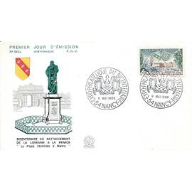 france 1966, très belle enveloppe 1er jour FDC 563A, timbre yvert 1483 bicentenaire du rattachement de la lorraine et du barrois à la france, belle illustration couleur relief place stanislas à nancy