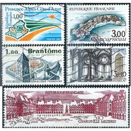 france 1983, beaux timbres yvert 2252 région PACA, 2253 brantôme, 2254 concarneau, 2255 abbaye de noirlac et 2288 charleville mézières, oblitérés, TBE.