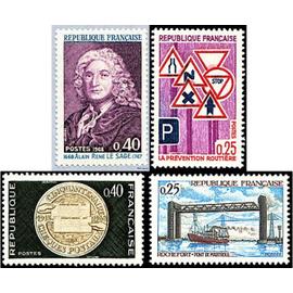 france 1968, très beaux timbres neufs** luxe yvert 1542 comptes courants postaux, 1548 prévention routière, 1558 alain rené lesage, écrivain, et 1564 pont de martrou à rochefort.