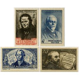 france 1942, très beaux timbres neufs**/* yvert 541 comte de la pérouse, 542 emmanuel chabrier, 550 stendhal et 551 andré blondel, physicien.