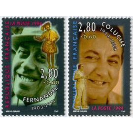 france 1994, très beaux timbres neufs** luxe yvert 2898 et 2902, acteurs du cinéma français, fernandel et coluche.