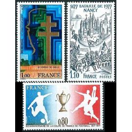 france 1977, très beaux timbres neufs** luxe yvert 1940 60 ans coupe de france de football, 1941 mémorial général de gaulle, 1943 500 ans bataille de nancy. -