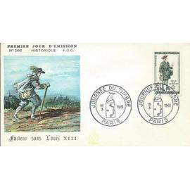 france 1961, très belle enveloppe 1er jour FDC 366, timbre yvert 1285, journée du timbre, facteur sous louis 13, TBE. -