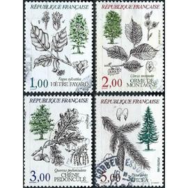 france 1985, belle série complète flore et faune de france, timbres yvert 2384 hêtre fayardn 2385 orme de montagne, 2386 chêne pédonculé et 2387 épicéa, oblitérés, TBE.