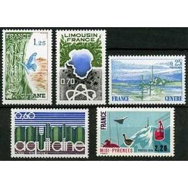 France 1976, série régions, très beaux timbres neufs** luxe yvert 1863 centre, 1864 aquitaine, 1865 limousin, 1865A Guyane, 1866 midi-Pyrénées. -