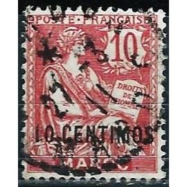 maroc espagnol, bureaux français 1902 / 1903, beau timbre yvert 12, type mouchon 10c. vermillon libellé "maroc" et surchargé "10 centimos", oblitéré, TBE.