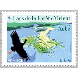 france 2022, très beau timbre neuf** luxe yvert 5628, une cigogne noire au dessus des lacs de la Forêt d?Orient, dans l