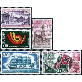 france 1973, beaux timbres yvert 1740 immigration polonaise, 1752 et 1753, europa bruxelles et cor postal, 1757 dijon et 1762 voilier 5 mats le france 2, oblitérés, TBE -