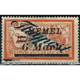 lituanie, enclave de memel sous adm. française 1922, beau timbre de poste aérienne yvert 18, type merson 2F. orange et vert avec double surcharge, "memel 6 mark" et "flugpost", neuf*
