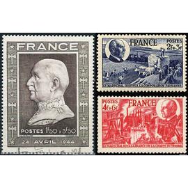 france 1944, 88ème anniversaire philippe pétain, beaux timbres yvert 606 buste, 607 corporation paysanne et 608 charte du travail, neufs* / oblitéré.