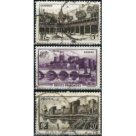 france 1941, belle série monuments et sites, timbres yvert 499 hotel dieu de beaune, 500 angers et 501 aigues mortes, oblitérés, TBE.