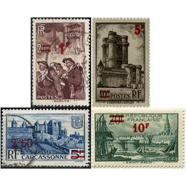 france 1940 / 1941, beaux timbres surchargés yvert 489 mineurs, 490 Carcassonne, 491 Vincennes et 492 Saint-Malo, neufs* / oblitérés.