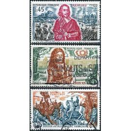 france 1970, série historique, beaux timbres yvert 1655 richelieu, 1656 louis XIV, 1657 bataille de fontenoy, oblitérés, TBE -