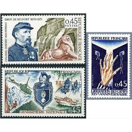 France 1970, très beaux timbres neufs** luxe yvert 1622 gendarmerie nationale, 1648 libération des camps de concentration, 1660 siège de Belfort colonel Denfert Rochereau. -