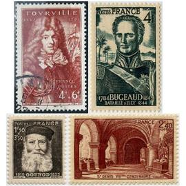 france 1944, beaux timbres yvert 600 maréchal de tourville, 601 charles gounod, 661 basilique de saint denis et 662 général bugeaud, neufs* / oblitérés.