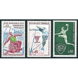 france 1970, très beaux timbres neufs** luxe yvert 1629 championnat monde de handball, 1649 jeux mondiaux handisports, 1650 100 ans de la fédération d'athlétisme.