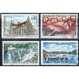 france 1969, belle série touristique, timbres yvert 1582 église de brou, 1583 barrage de vouglans - jura, 1584 château de chantilly - oise et 1585 port de la trinité sur mer - morbihan, obli, TBE -