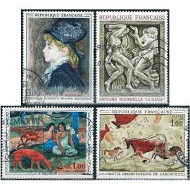 france 1968, belle série artistique, timbres yvert 1555 grotte de lascaux, 1568 gauguin, "l