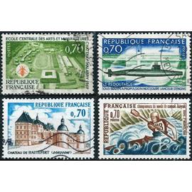 france 1969, beaux timbres yvert 1596 château de Hautefort, 1609 championnat de canoé kayak, 1614 école centrale des arts et manufactures et 1615 sous marin nucléaire le redoutable, oblitérés TBE.