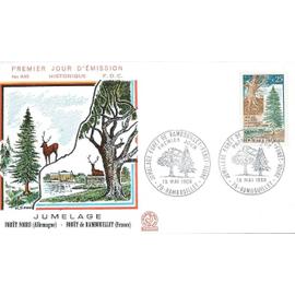 france 1968, très belle enveloppe 1er jour FDC 640, timbre yvert 1561 jumelage de la forêt de rambouillet et de la forêt noire, cachet de rambouillet le 18 mai, belle illustration relief, état neuf.