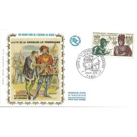 france 1969, très belle enveloppe 1er jour du 8 nov. 1969 à paris, timbre 1616 louis XI et charles le téméraire, belle illustration soie : l