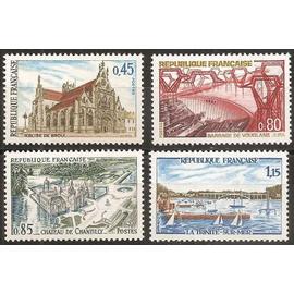 france 1969, très belle série complète paysages, timbres yvert 1582 église de brou, 1583 château de chantilly, 1584 la trinité sur mer, 1585 barrage hydro-électrique de vouglans, neufs** luxe.