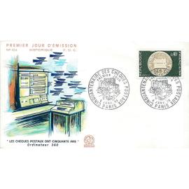 france 1968, belle enveloppe 1er jour FDC 624, timbre yvert 1542, cinquantenaire des chèques postaux, ordinateur 360, belle illustration couleur relief. -