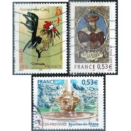 France, joli lot 2005, timbres yvert 3749 astrologie chinoise, année du coq, 3777 aix en provence, fontaine des 4 dauphins et 3852 avicenne, médecin et philisophe, oblitérés, TBE -