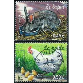 france 2004, animaux de la ferme, beaux exemplaires yvert 3662 le lapin, et 3663 la poule, oblitérés, TBE -